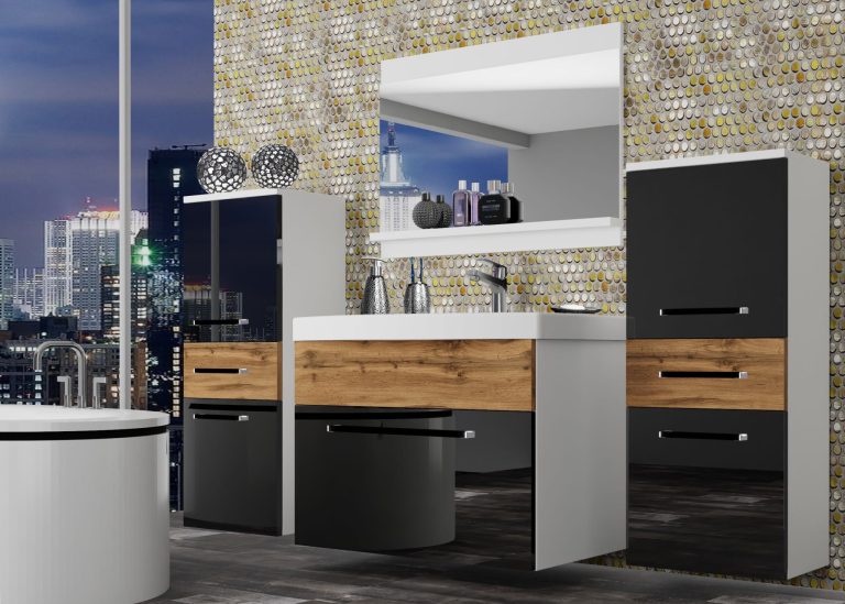 Meble łazienkowe szafki z umywalką z lustrem czarne połysk dębowe dąb wotan dąb sonoma Producent ROD PM 4/0/W/BDW/0/ZW