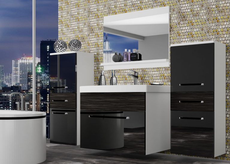 Meble łazienkowe szafki z umywalką z lustrem czarne połysk czarne heban ciemne Producent ROD PM 4/0/W/BHK/0/ZW