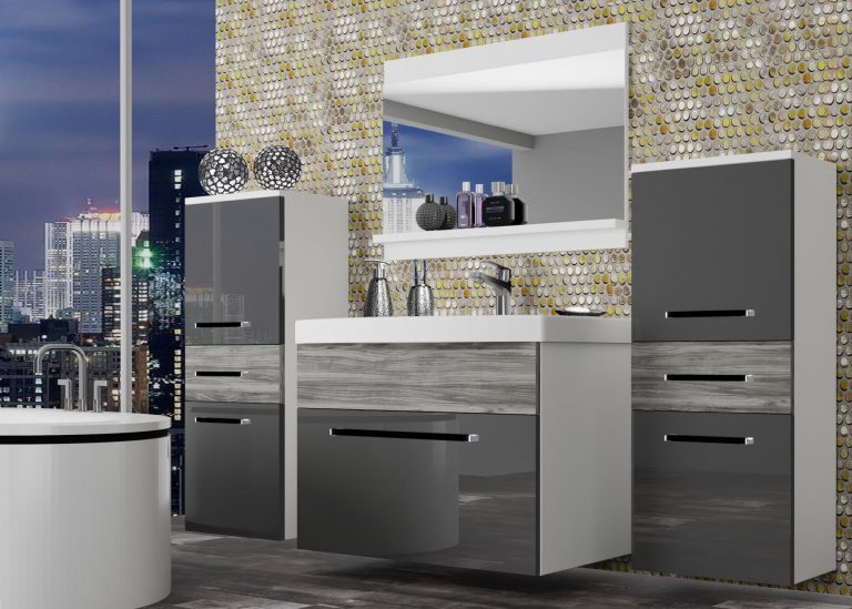 Meble łazienkowe szafki z umywalką z lustrem szare połysk szare antracyt grafitowe Producent ROD PM 4/0/W/SGW/0/ZW