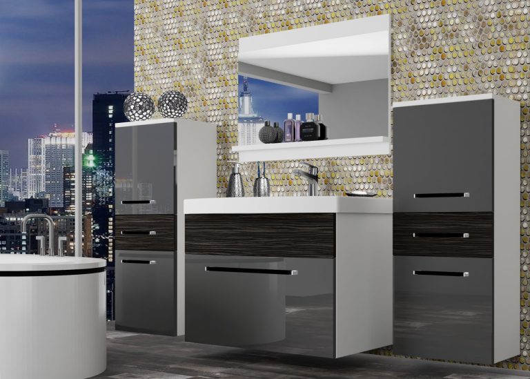 Meble łazienkowe szafki z umywalką z lustrem szare połysk czarne heban ciemne Producent ROD PM 4/0/W/SHK/0/ZW