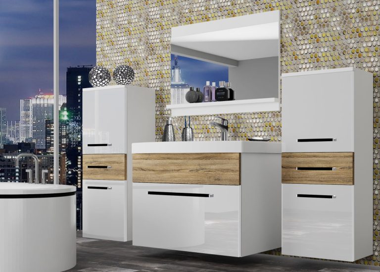 Meble łazienkowe szafki z umywalką z lustrem białe połysk dębowe dąb wotan dąb sonoma Producent ROD PM 4/0/W/WDS/0/ZW