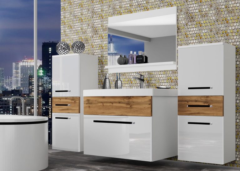 Meble łazienkowe szafki z umywalką z lustrem białe połysk dębowe dąb wotan dąb sonoma Producent ROD PM 4/0/W/WDW/0/ZW