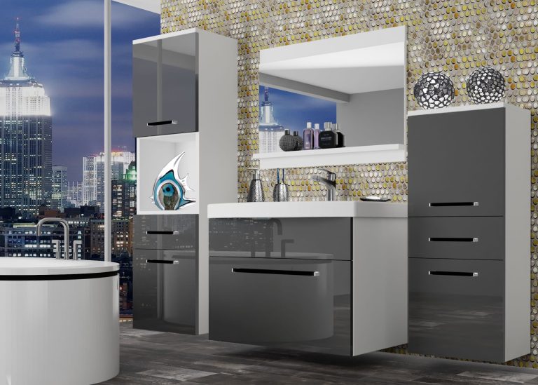 Meble łazienkowe szafki z umywalką z lustrem szare połysk Producent ROD P 5/0/W/S/0/ZW