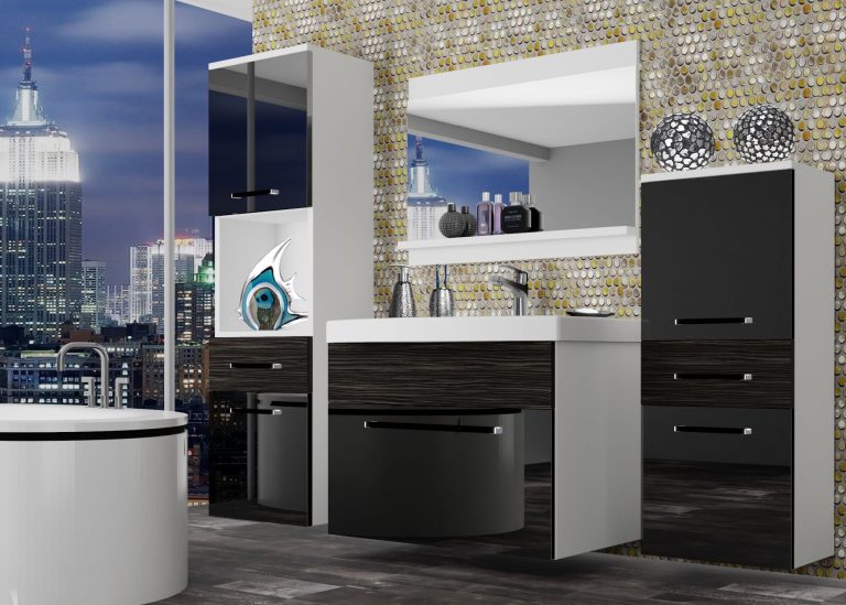 Meble łazienkowe szafki z umywalką z lustrem czarne połysk czarne heban ciemne Producent ROD PM 5/0/W/BHK/0/ZW