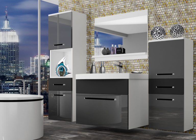 Meble łazienkowe szafki z umywalką z lustrem szare połysk szare antracyt grafitowe Producent ROD PM 5/0/W/SB/0/ZW