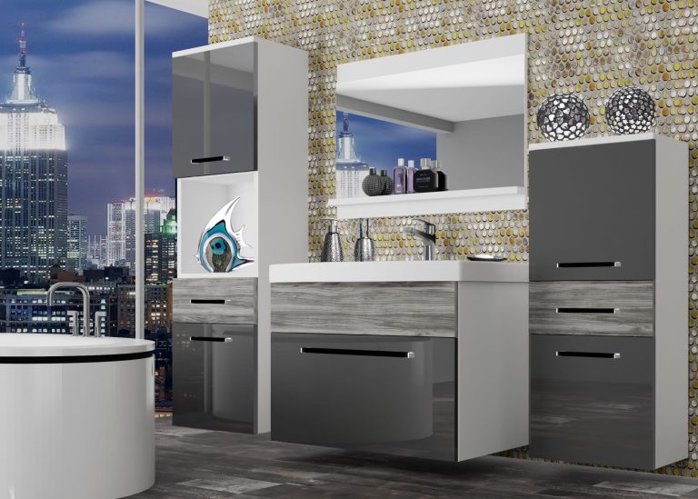 Meble łazienkowe szafki z umywalką z lustrem szare połysk szare antracyt grafitowe Producent ROD PM 5/0/W/SGW/0/ZW