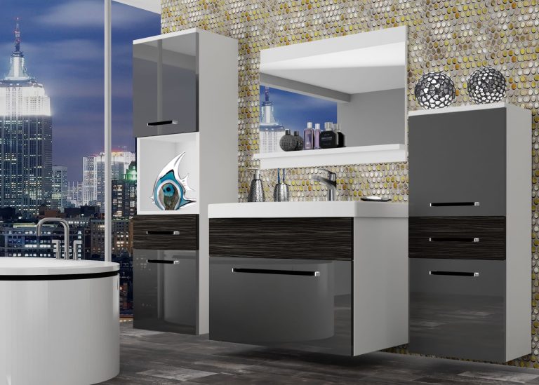 Meble łazienkowe szafki z umywalką z lustrem szare połysk czarne heban ciemne Producent ROD PM 5/0/W/SHK/0/ZW