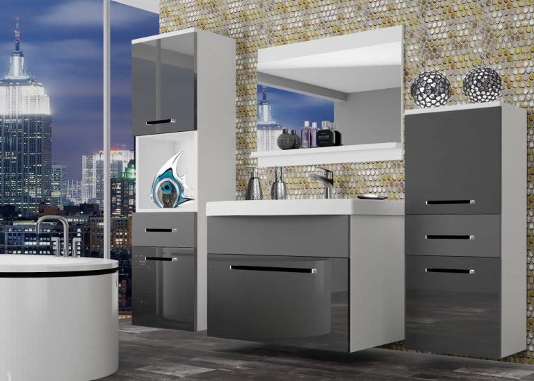 Meble łazienkowe szafki z umywalką z lustrem szare połysk szare antracyt grafitowe Producent ROD PM 5/0/W/SSR/0/ZW