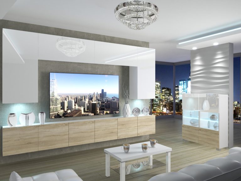 Meblościanka 300 cm TV/RTV biała połysk dębowa dąb wotan dąb sonoma Producent IMP 2/5/W/WDS/0/0