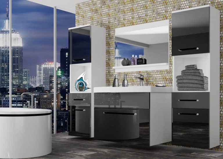 Meble łazienkowe szafki z umywalką z lustrem czarne połysk szare połysk Producent ROD P 6/0/W/BS/0/ZW