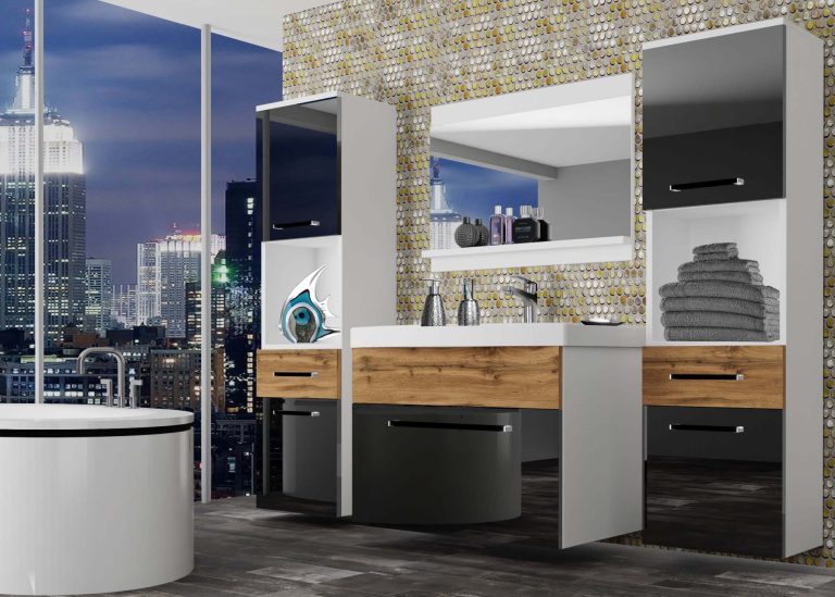 Meble łazienkowe szafki z umywalką z lustrem czarne połysk dębowe dąb wotan dąb sonoma Producent ROD PM 6/0/W/BDW/0/ZW