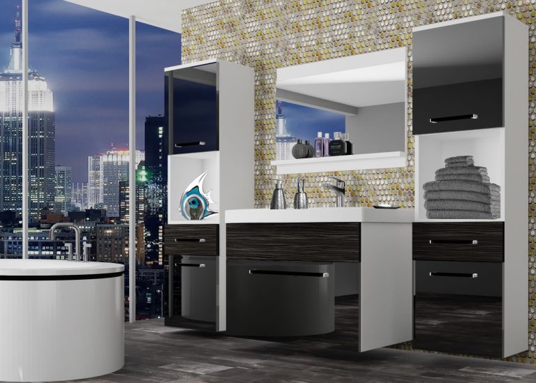Meble łazienkowe szafki z umywalką z lustrem czarne połysk czarne heban ciemne Producent ROD PM 6/0/W/BHK/0/ZW