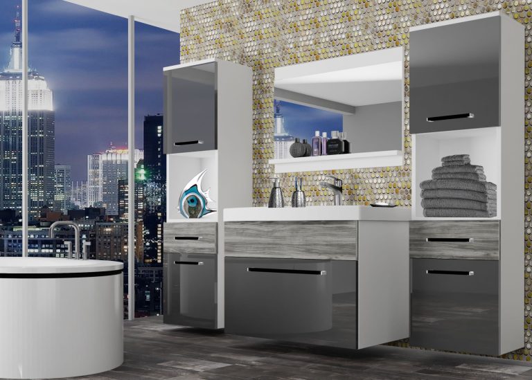 Meble łazienkowe szafki z umywalką z lustrem szare połysk szare antracyt grafitowe Producent ROD PM 6/0/W/SGW1/0/ZW