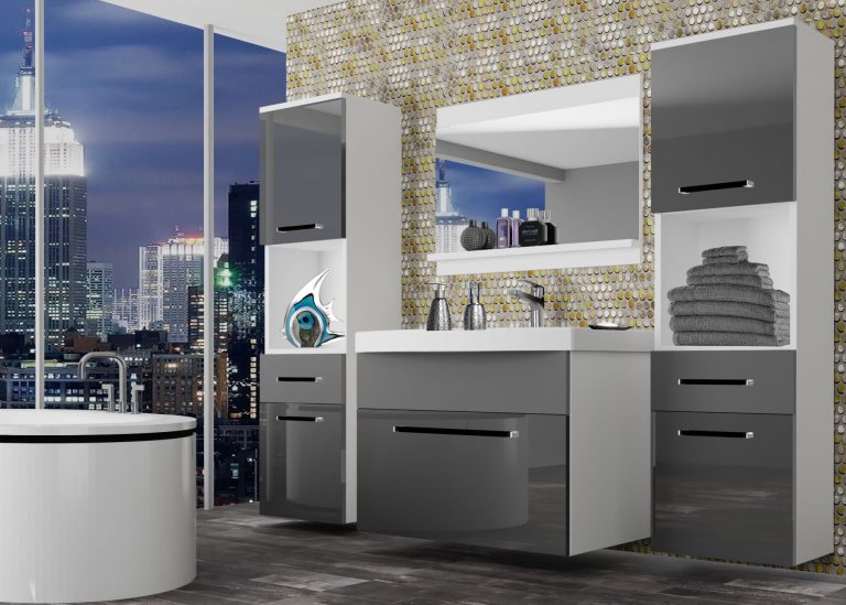 Meble łazienkowe szafki z umywalką z lustrem szare połysk szare antracyt grafitowe Producent ROD PM 6/0/W/SSR/0/ZW