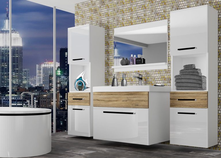 Meble łazienkowe szafki z umywalką z lustrem białe połysk dębowe dąb wotan dąb sonoma Producent ROD PM 6/0/W/WDS/0/ZW