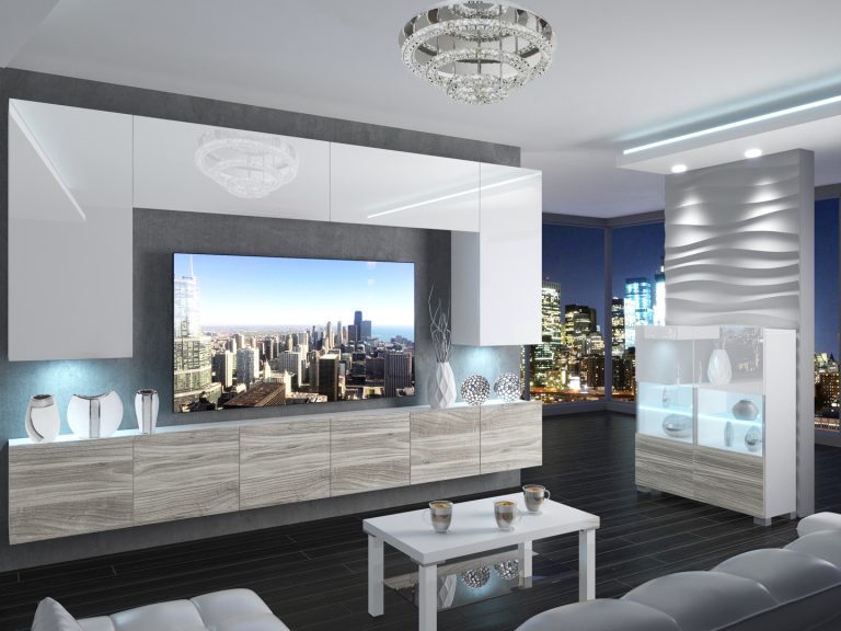 Meblościanka 300 cm TV/RTV biała połysk szary antracyt grafitowy Producent IMP 2/5/W/WGW1/0/0