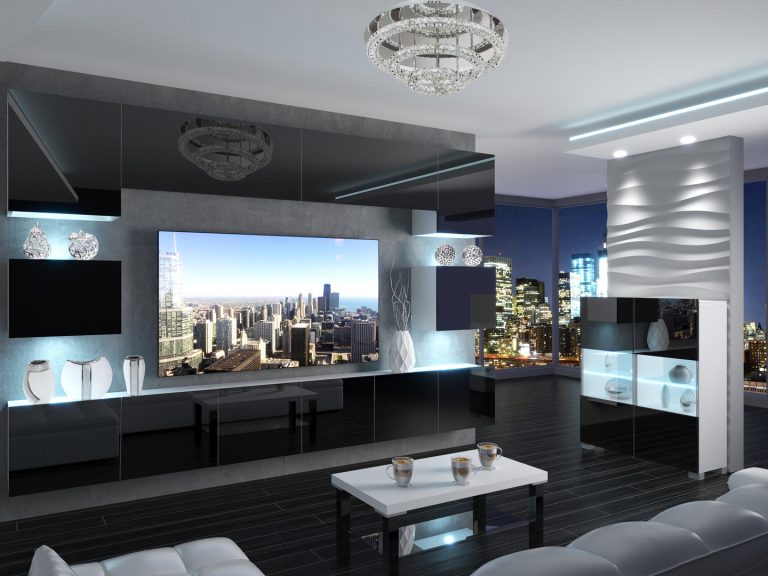 Meblościanka 300 cm TV/RTV czarna połysk Producent IMP 3/5/W/B/0/0