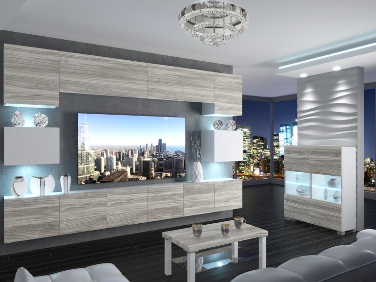 Meblościanka 300 cm TV/RTV biała połysk szary antracyt grafitowy Producent IMP 3/5/W/GW1WGW1/0/0