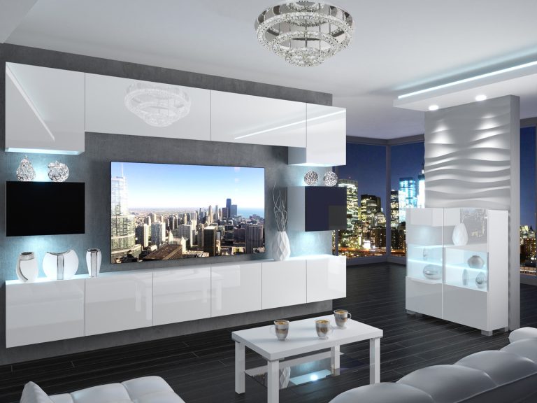 Meblościanka 300 cm TV/RTV biała połysk czarna połysk Producent IMP 3/5/W/WBW/0/0