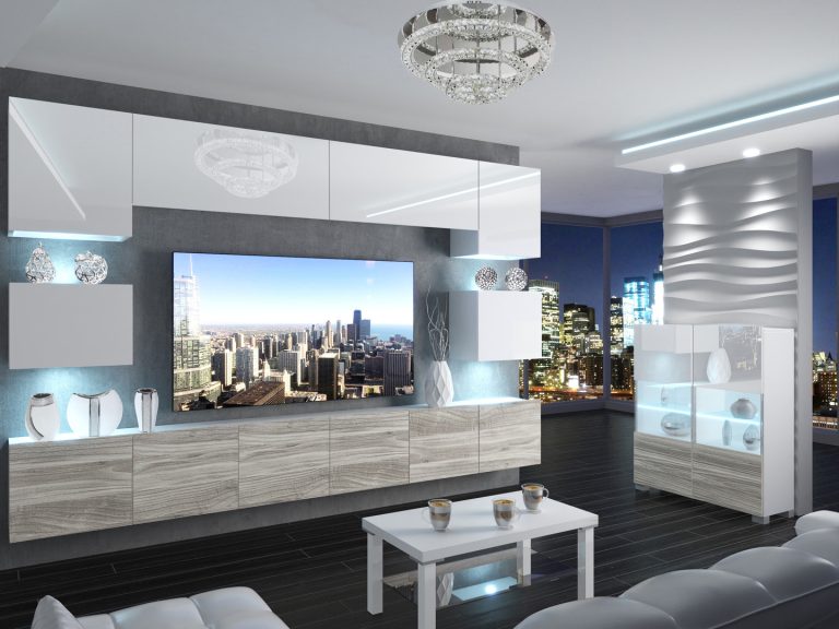 Meblościanka 300 cm TV/RTV biała połysk szary antracyt grafitowy Producent IMP 3/5/W/WGW1/0/0