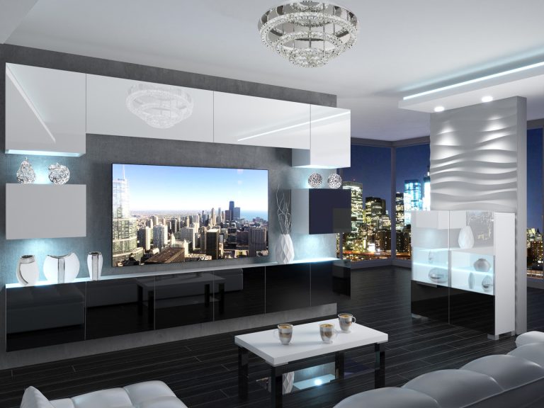 Meblościanka 300 cm TV/RTV biała połysk czarna połysk Producent IMP 3/5/W/WWBB/0/0