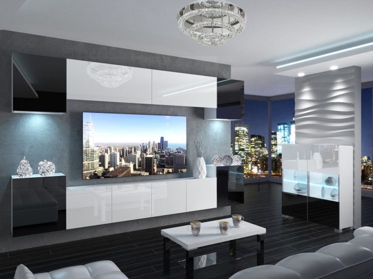 Meblościanka 300 cm TV/RTV czarna połysk biała połysk Producent IMP 4/5/W/BWBW/0/0