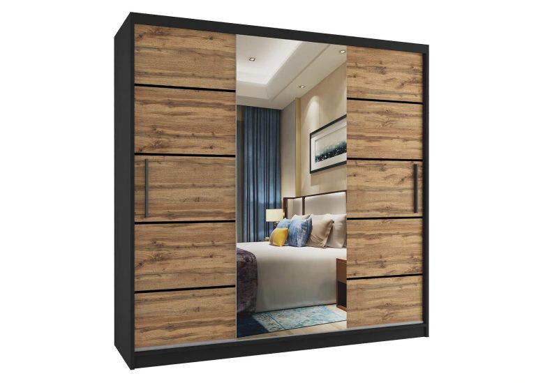 Szafa przesuwna 200 cm PREMIUM Z SZUFLADAMI z lustrem dębowa dąb wotan dąb sonoma Producent MT SZP5/1/B/DW/0/KLP