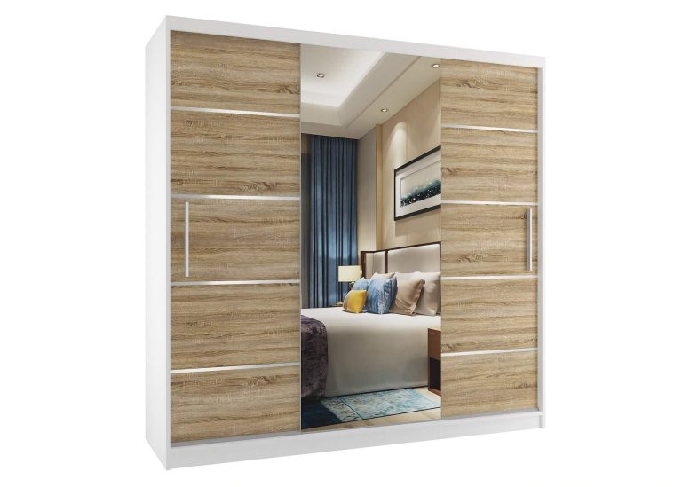 Szafa przesuwna 200 cm PREMIUM Z SZUFLADAMI z lustrem dębowa dąb wotan dąb sonoma Producent MT SZP5/1/W/DS/0/KLAL