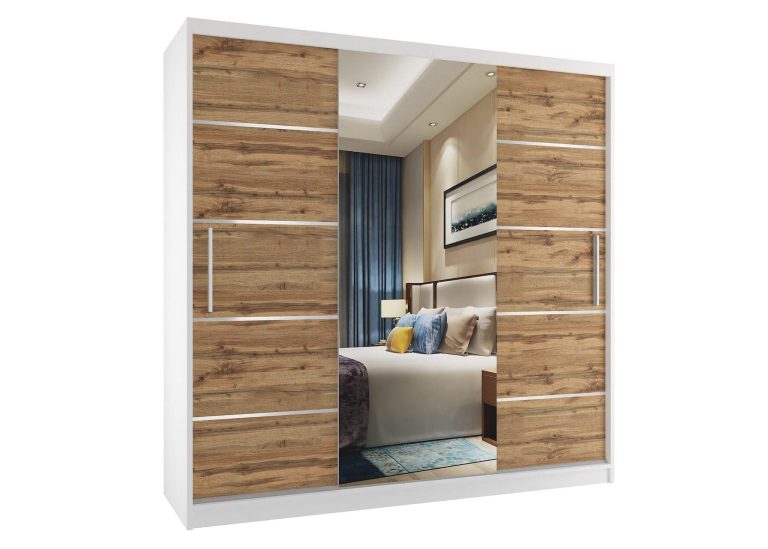 Szafa przesuwna 200 cm PREMIUM Z SZUFLADAMI z lustrem dębowa dąb wotan dąb sonoma Producent MT SZP5/1/W/DW/0/KLAL