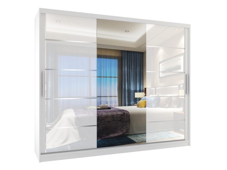 Szafa przesuwna 232 cm PREMIUM Z SZUFLADAMI z lustrem biały połysk Producent MGB SZP8/0/W/2W1L/KLAL