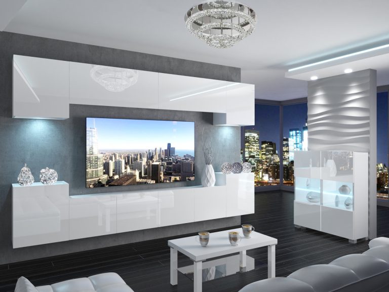 Meblościanka 300 cm TV/RTV biała połysk Producent IMP 4/5/W/W/0/0