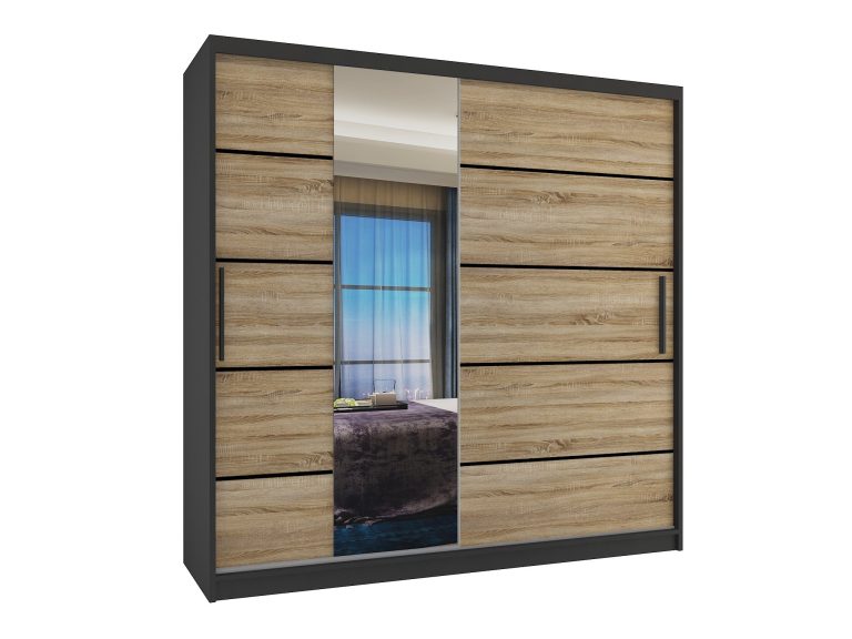 Szafa przesuwna 200 cm PREMIUM Z SZUFLADAMI z lustrem dębowa dąb wotan dąb sonoma Producent MBP SZP5/1/B/DS/0/KLP