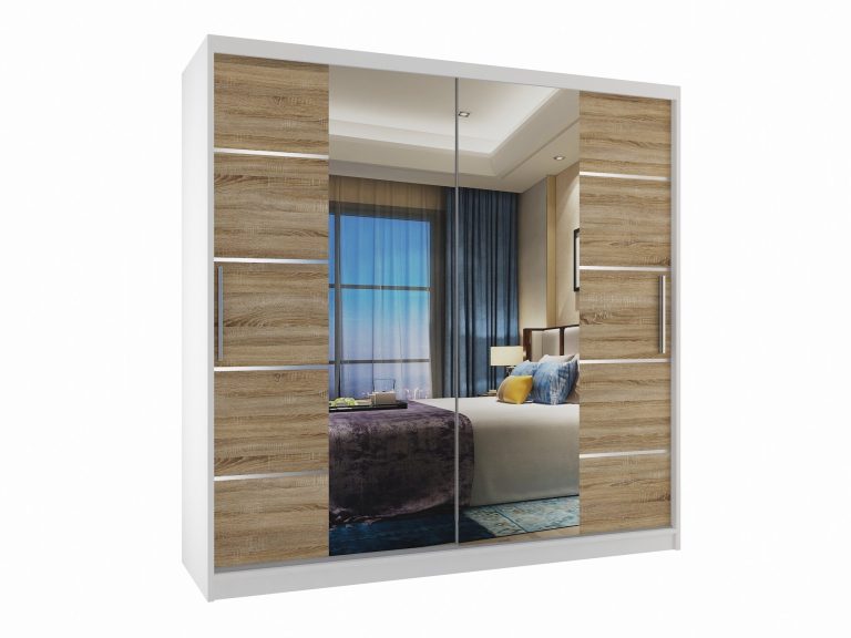 Szafa przesuwna 200 cm PREMIUM Z SZUFLADAMI z lustrem dębowa dąb wotan dąb sonoma Producent ME SZP5/1/W/DS/0/KLAL