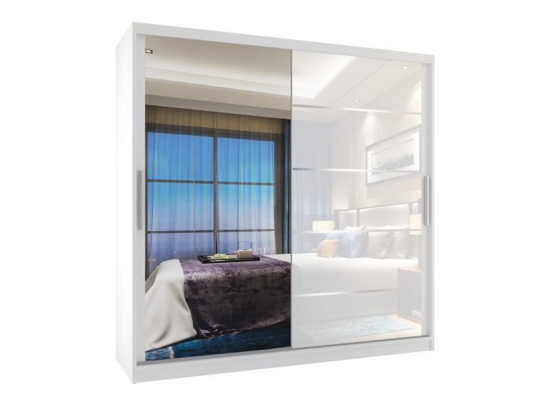 Szafa przesuwna 200 cm PREMIUM Z SZUFLADAMI z lustrem biały połysk Producent MGB SZP5/1/W/1L5W/KLAL