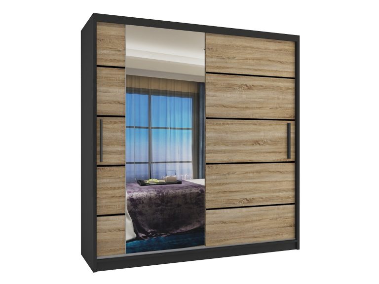 Szafa przesuwna 158 cm PREMIUM Z SZUFLADAMI z lustrem dębowa dąb wotan dąb sonoma Producent MBP SZP7/0/B/DS/0/KLP