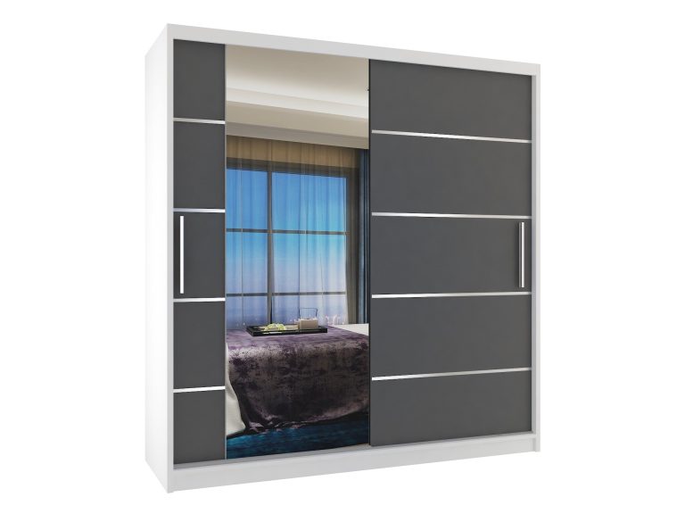 Szafa przesuwna 158 cm PREMIUM Z SZUFLADAMI z lustrem szara antracyt grafitowa Producent MBP SZP7/0/W/SR/0/KLAL