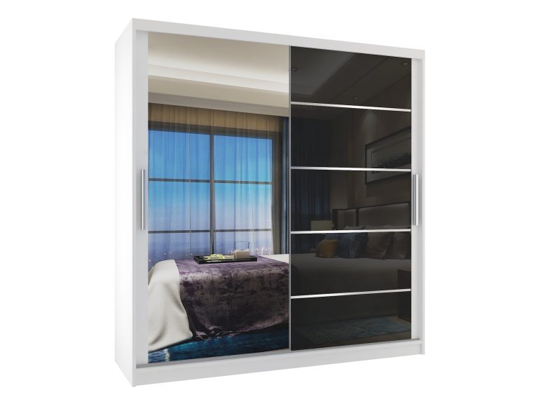 Szafa przesuwna 158 cm PREMIUM Z SZUFLADAMI z lustrem czarna połysk Producent MGB SZP7/0/W/1L5B/KLAL