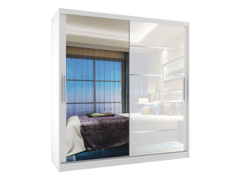 Szafa przesuwna 158 cm PREMIUM Z SZUFLADAMI z lustrem biały połysk Producent MGB SZP7/0/W/1L5W/KLAL