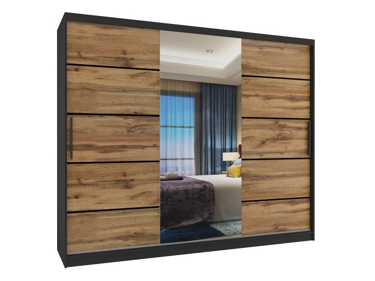 Szafa przesuwna 232 cm PREMIUM Z SZUFLADAMI z lustrem dębowa dąb wotan dąb sonoma Producent MBP SZP8/0/1B/2DW1L/0/KLP