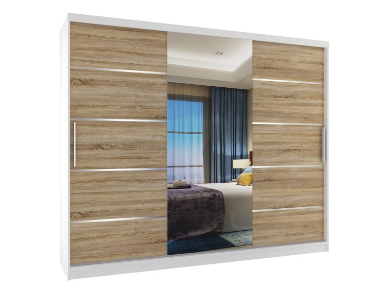 Szafa przesuwna 232 cm PREMIUM Z SZUFLADAMI z lustrem dębowa dąb wotan dąb sonoma Producent MBP SZP8/0/1W/2DS1L/0/KLAL