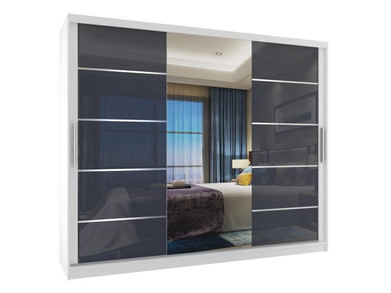 Szafa przesuwna 232 cm PREMIUM Z SZUFLADAMI z lustrem szary stalowy połysk Producent MGB SZP8/0/W/2S1L/KLAL