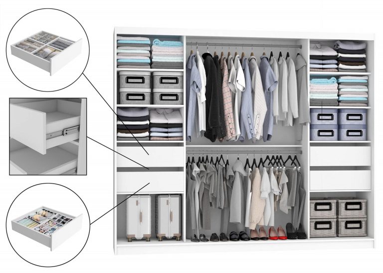 Szafa przesuwna 232 cm PREMIUM Z SZUFLADAMI z lustrem szara antracyt grafitowa Producent MBP SZP8/0/1B/2SR1L/0/KLP