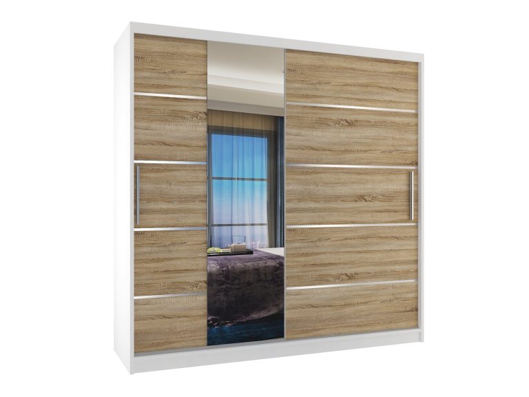 Szafa przesuwna 200 cm PREMIUM Z SZUFLADAMI z lustrem dębowa dąb wotan dąb sonoma Producent MBP SZP5/1/W/DS/0/KLAL