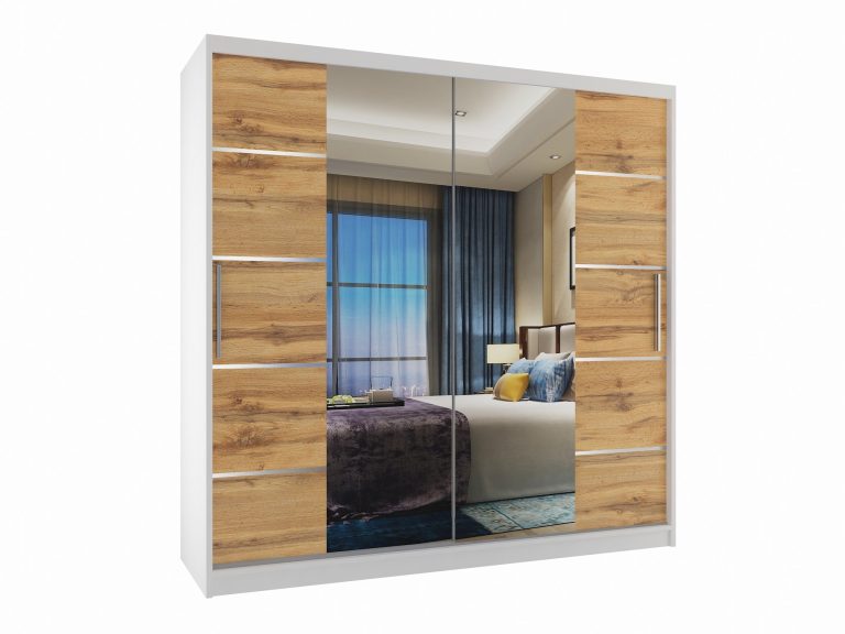 Szafa przesuwna 200 cm PREMIUM Z SZUFLADAMI z lustrem dębowa dąb wotan dąb sonoma Producent ME SZP5/1/W/DW/0/KLAL