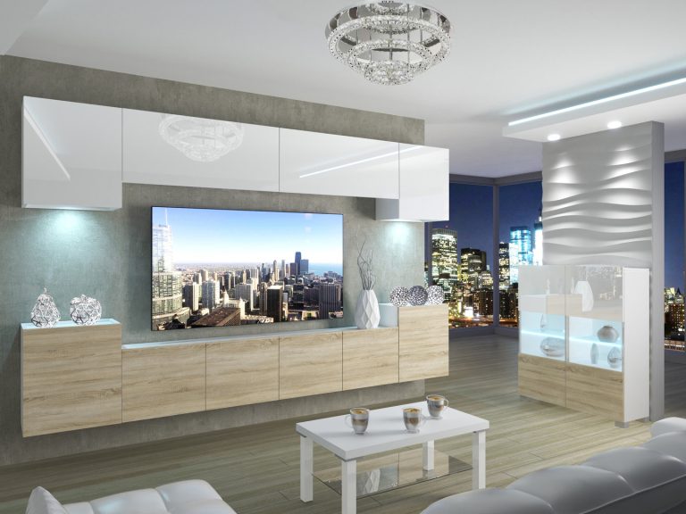 Meblościanka 300 cm TV/RTV biała połysk dębowa dąb wotan dąb sonoma Producent IMP 4/5/W/WDS/0/0