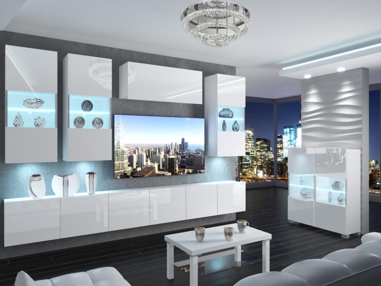 Meblościanka 300 cm TV/RTV biała połysk Producent IMP 5/5/W/W/0/0