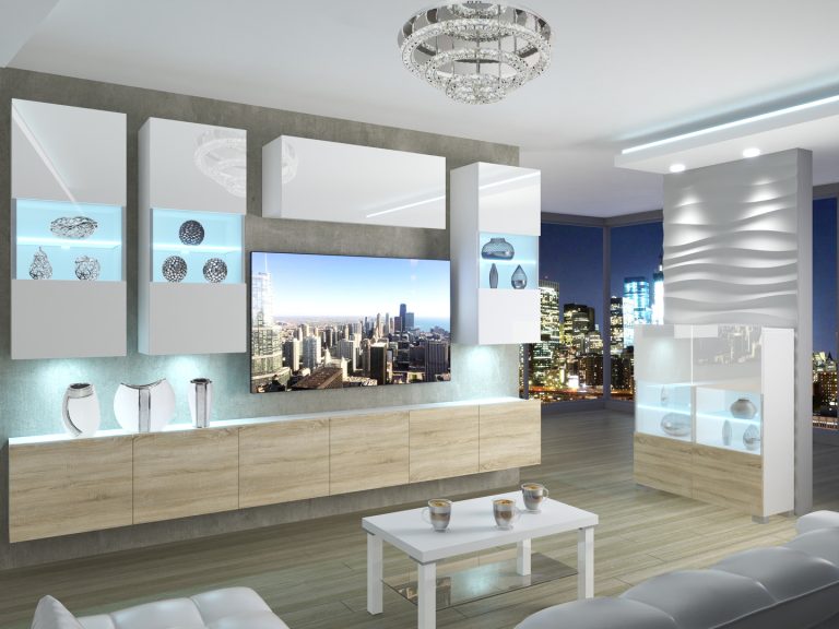 Meblościanka 300 cm TV/RTV biała połysk dębowa dąb wotan dąb sonoma Producent IMP 5/5/W/WDS/0/0