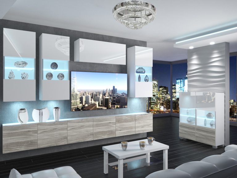 Meblościanka 300 cm TV/RTV biała połysk szara antracyt grafitowa Producent IMP 5/5/W/WGW1/0/0