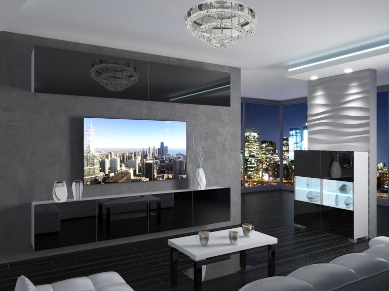 Meblościanka 200 cm TV/RTV czarna połysk Producent IMP 6/5/W/B/0/0