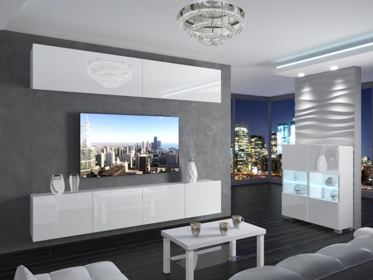 Meblościanka 200 cm TV/RTV biała połysk Producent IMP 6/5/W/W/0/0